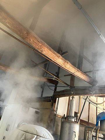 Steam rising to the old wooden roof beams inside the brewery during rice steaming.