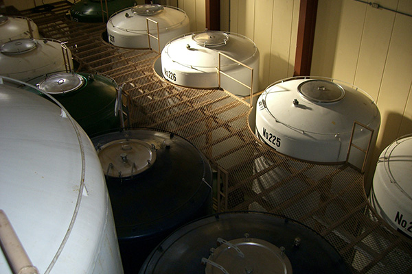 Storage tanks inside the Senjo brewery.