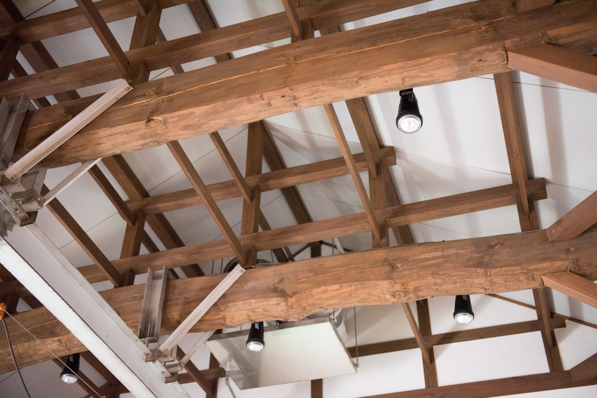 Traditional wooden roof beams inside the brewery building
