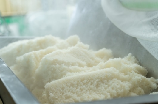 Freshly steamed rice ready for koji-making.