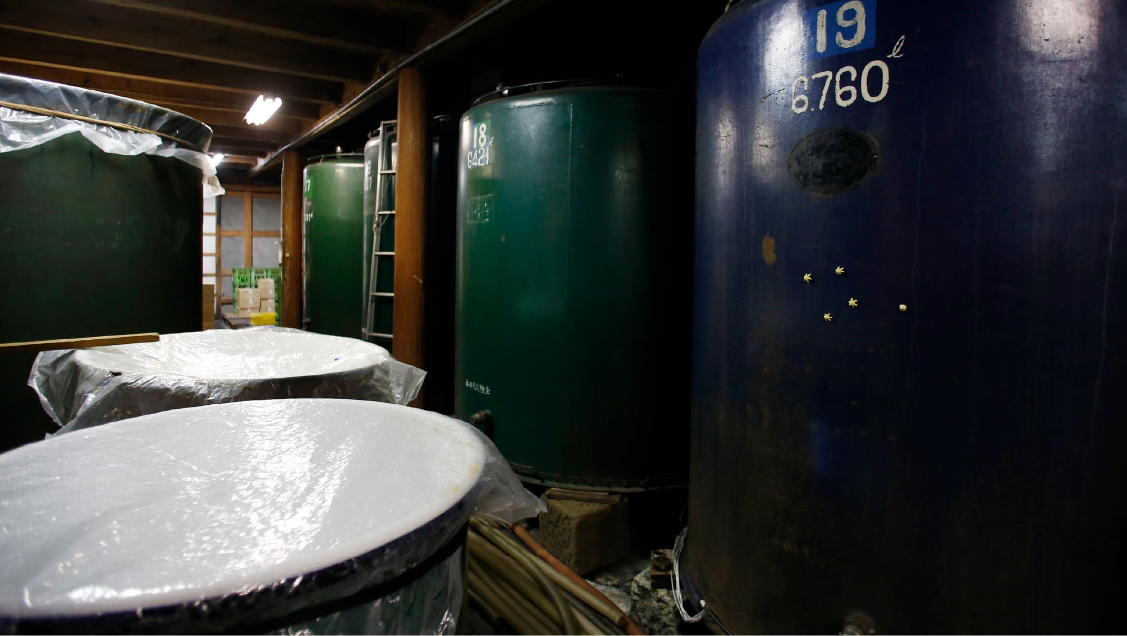 Fermentation tanks and steamed rice trays inside the brewery's production area.