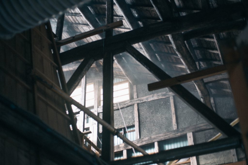 The heavy wooden roof trusses of the brewery building, which has stood for more than 100 years.