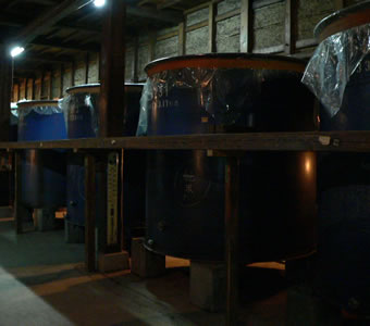 Rows of fermentation tanks inside the traditional wooden-beamed brewing hall.