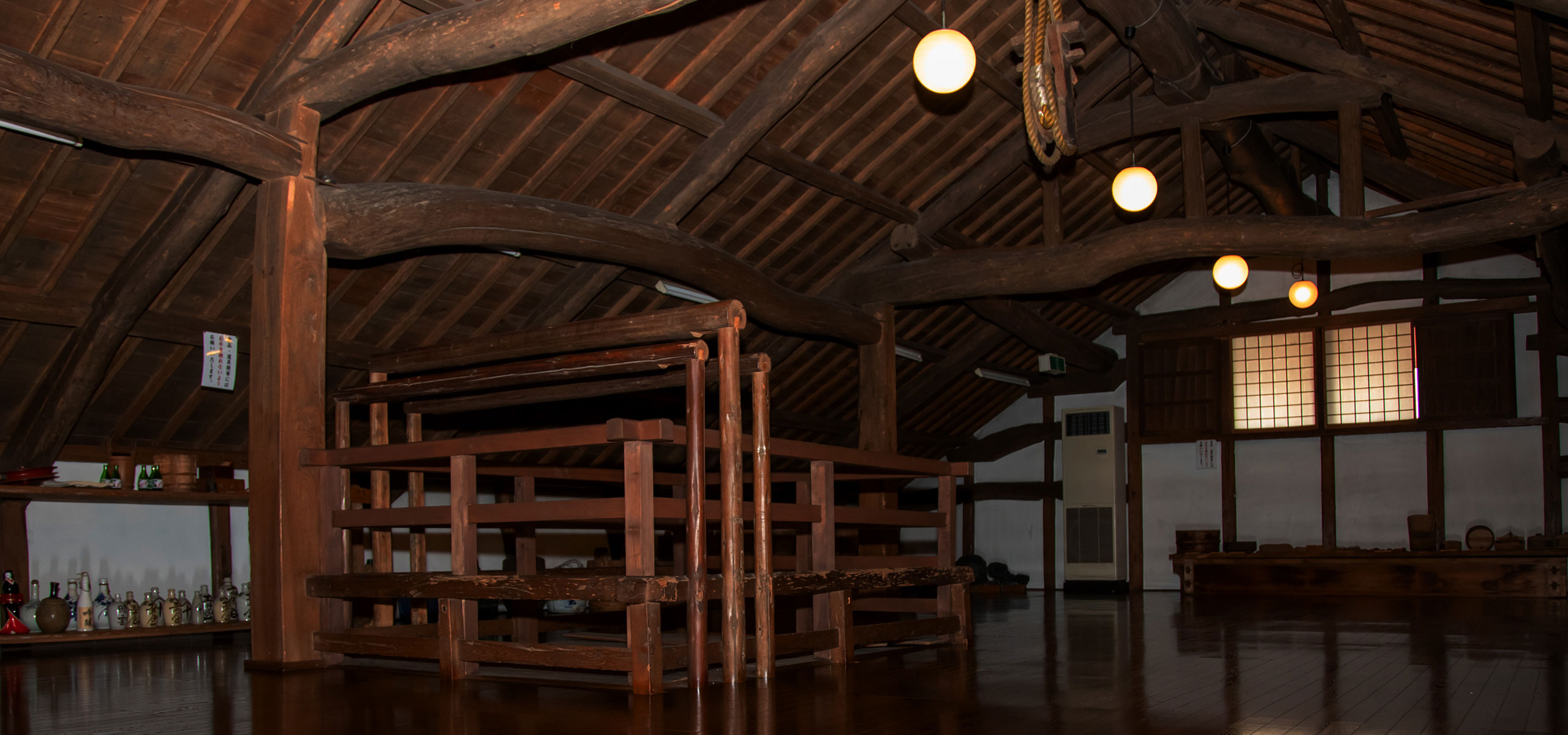 Interior of the old sake storehouse, open to visitors