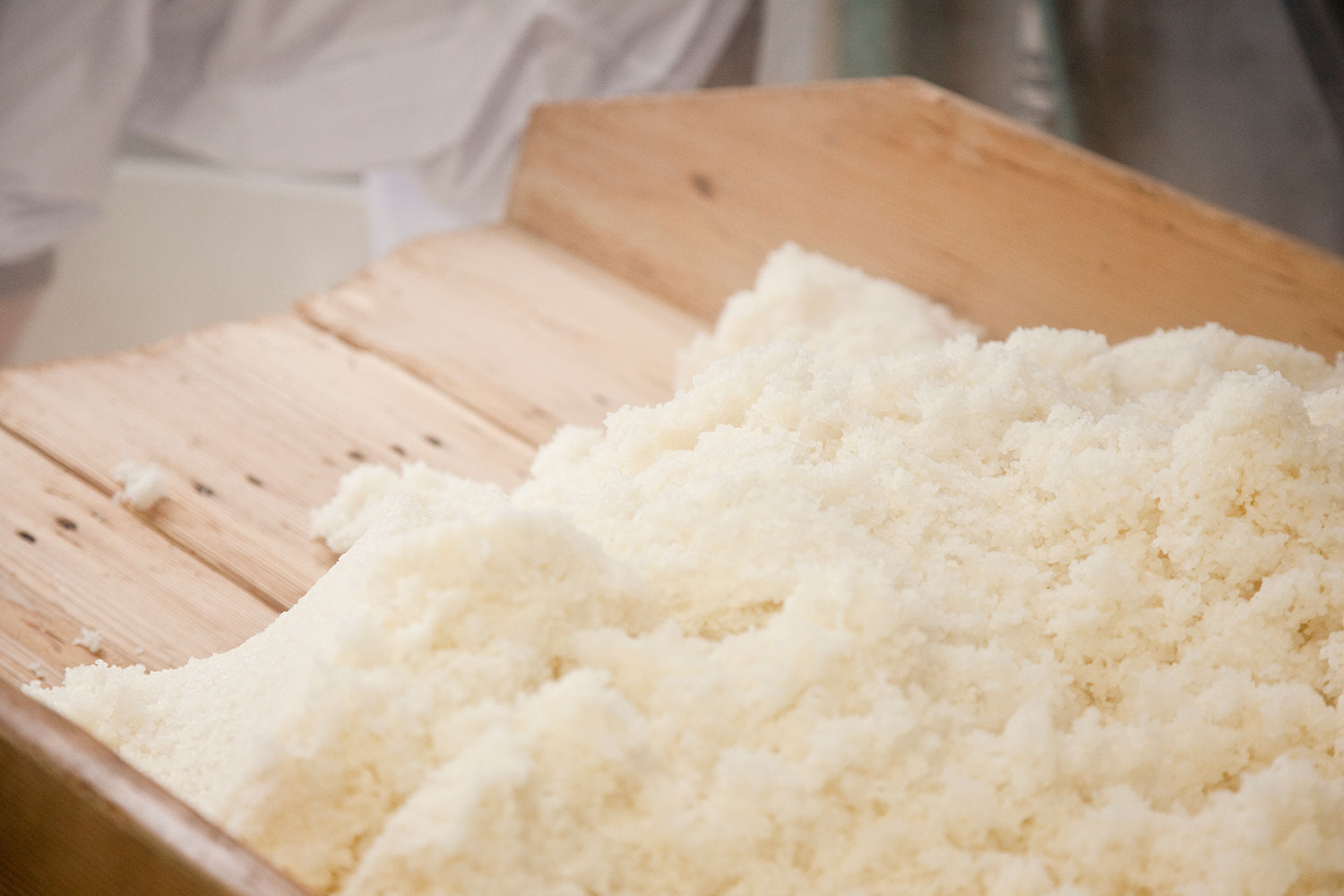 Freshly steamed rice with koji spreading on a wooden koji-muro tray during the brewing process.