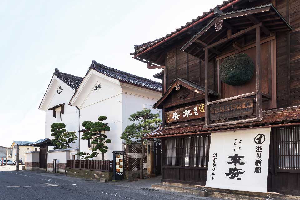嘉永蔵の街並み側外観(通り沿い、白壁土蔵と杉玉)。