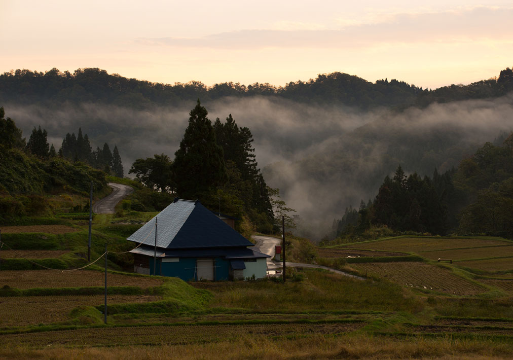 Terraced rice paddies (Yonkamura) near the brewery at dusk.