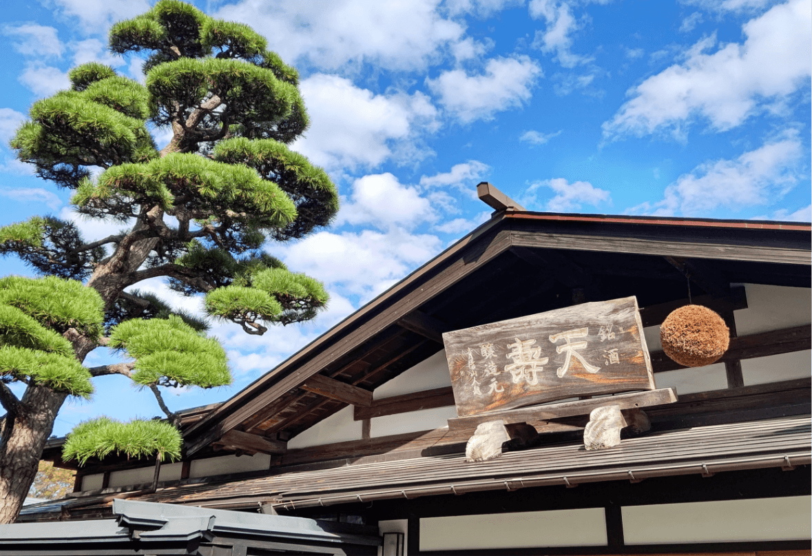 Close-up of the brewery's traditional roofline with a pine tree, sugidama, and a wooden Tenju signboard.