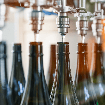Bottling line with rows of empty sake bottles under the filling machinery.