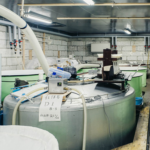 Fermentation tanks (moromi) in the brewery's fermentation room.