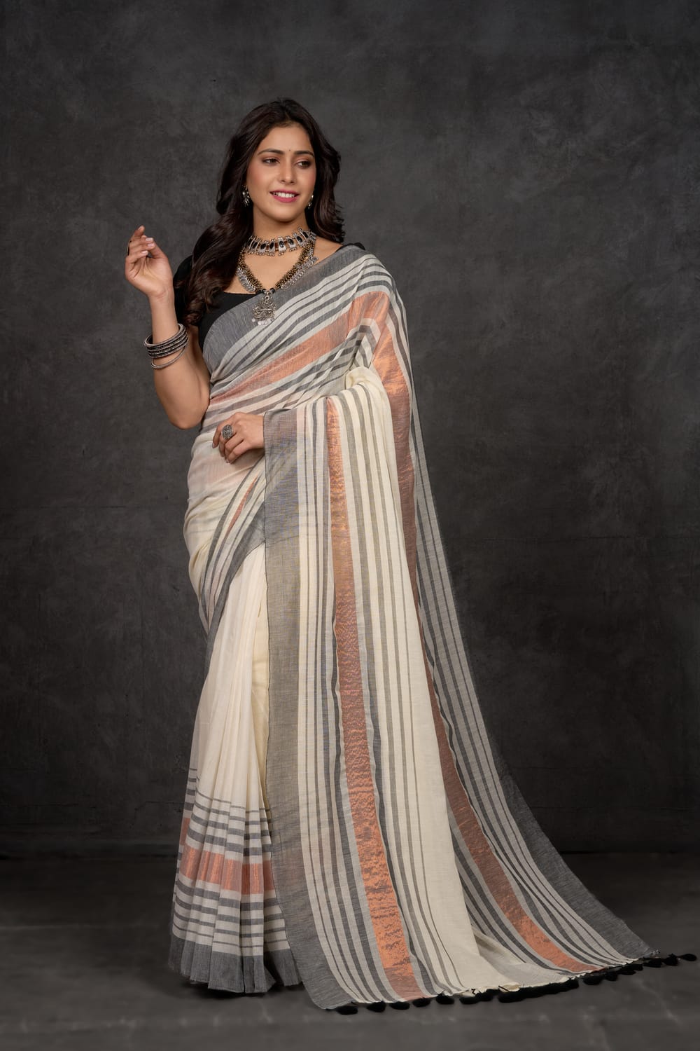 Genius Ivory Grey Premium Mul Cotton With Copper Zari Patta | By Nikunj Khatri 2025 – LuckShri: Premium Mul Cotton Saree by Nikunj Khatri