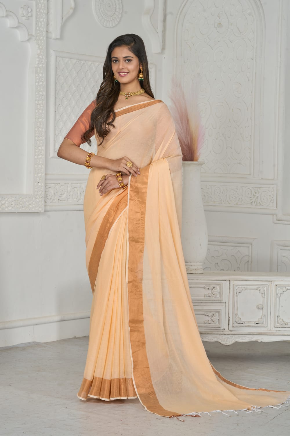 🧡Pride Peach Mul Cotton Saree – Soft & Elegant | Summer Style (Lagdi Patta Saree) 2025 – LuckShri: Premium Mul Cotton Saree by Nikunj Khatri
