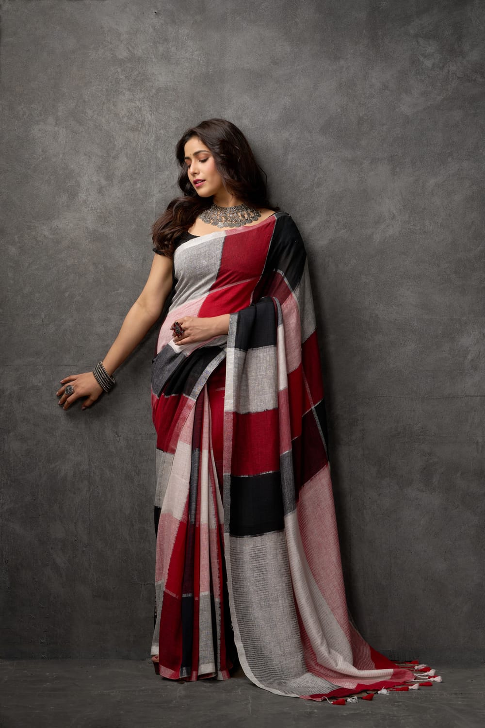 Stunning Bohemian Grey Black Red Organic Cotton Linen Saree | Red & Black Accents – A Masterpiece 2025 – LuckShri: Premium Mul Cotton Saree by Nikunj Khatri
