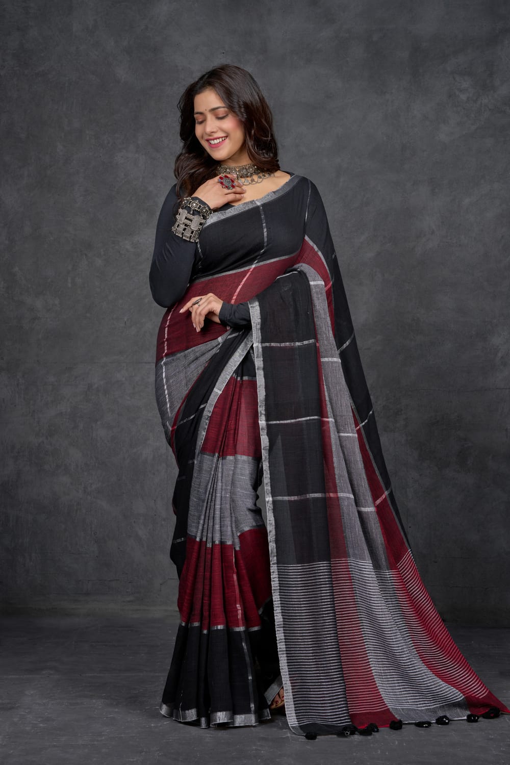 Playful Pure Cotton Linen With Black, Maroon, Grey Checks | Saree By Nikunj Khatri 2025 – LuckShri: Premium Mul Cotton Saree by Nikunj Khatri