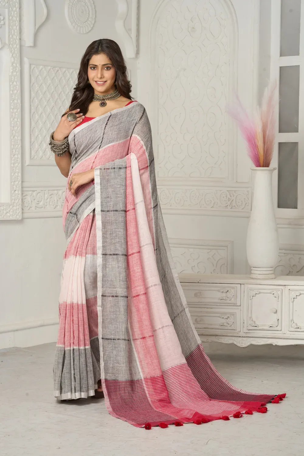 Exquisite & Beloved Handwoven Organic Cotton Linen Pink and Grey Saree | 1 Organic collection By Luckshri 2025 – LuckShri: Premium Mul Cotton Saree by Nikunj Khatri