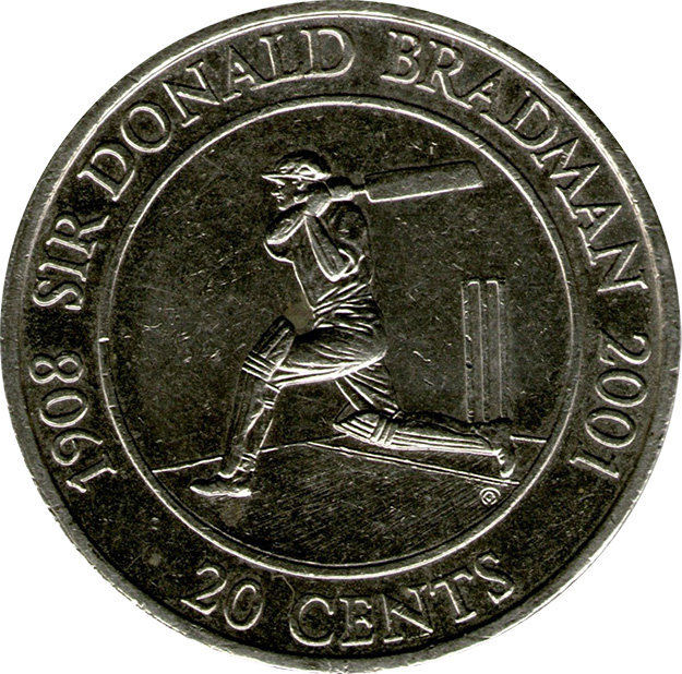 2001 Donald Bradman Queen Elizabeth II 20 Cents