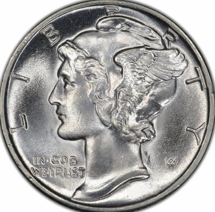 Mercury Dime obverse — winged Liberty head designed by Adolph A. Weinman