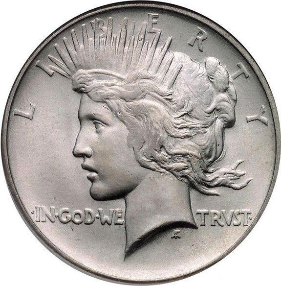 Peace Dollar obverse — Liberty in radiant crown, designed by Anthony de Francisci