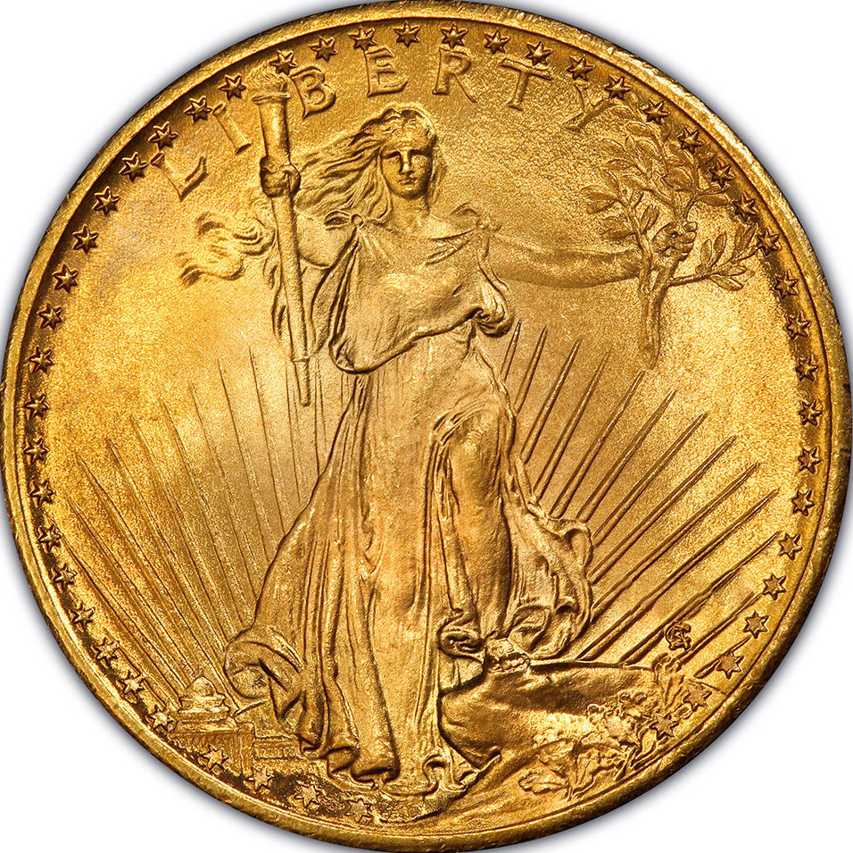 Saint-Gaudens Double Eagle obverse — Liberty striding forward with torch and olive branch