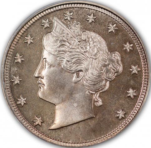 Liberty Head V Nickel obverse — Liberty in coronet, the design used 1883-1913