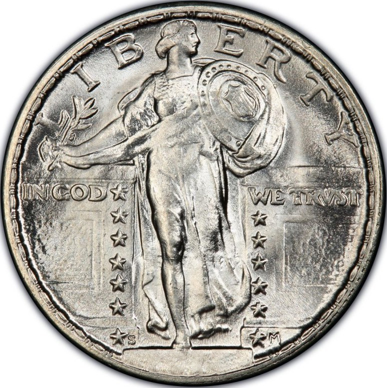 Standing Liberty Quarter — Liberty standing between two pillars holding shield and olive branch