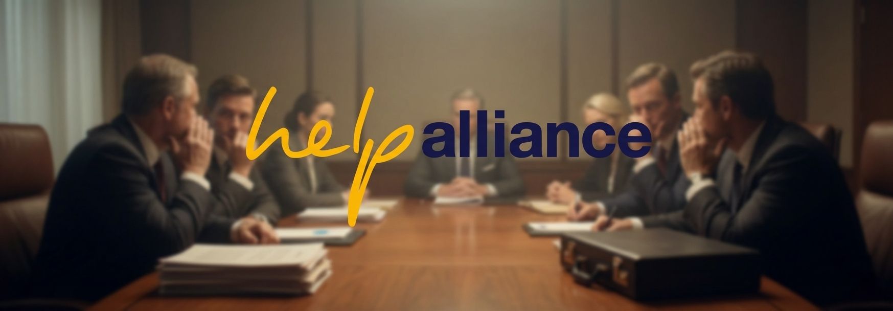 Blurred photo of a meeting with the "Help Alliance" logo superimposed.