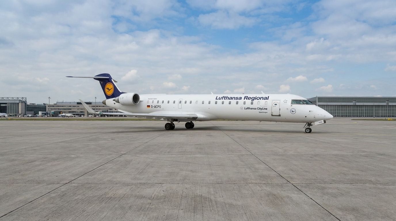 Ein Lufthansa Regional Jet steht auf dem Rollfeld eines Flughafens