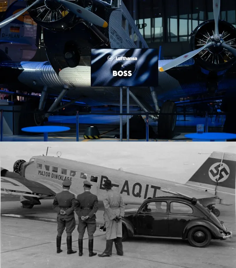Split screen: Current Lufthansa-BOSS branding in front of a Junkers Ju 52, and a historical photo of Nazis beside a similar aircraft.
