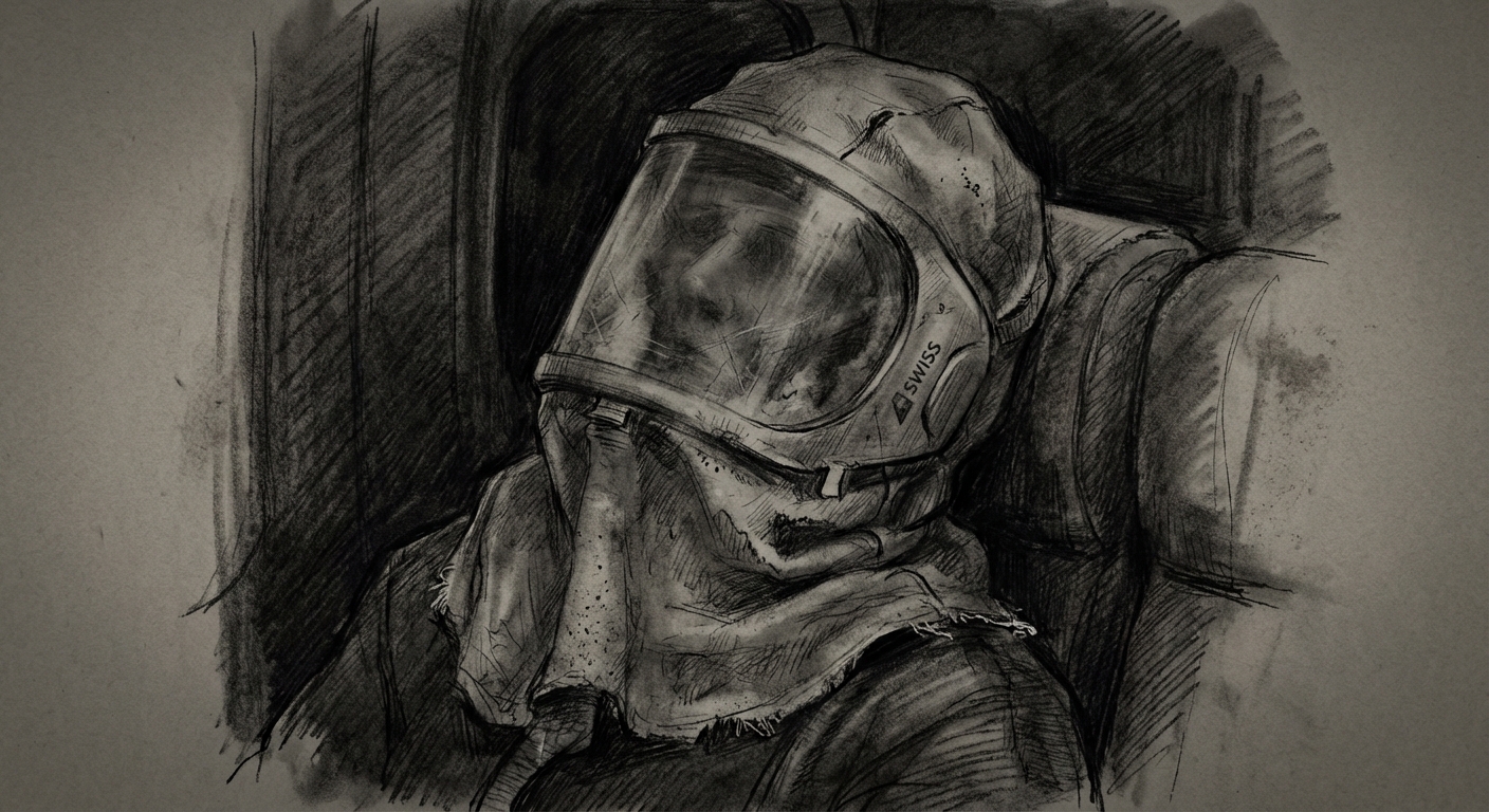 Skizze eines Passagiers in einem Swiss Air Flugzeug mit Schutzanzug und Maske.