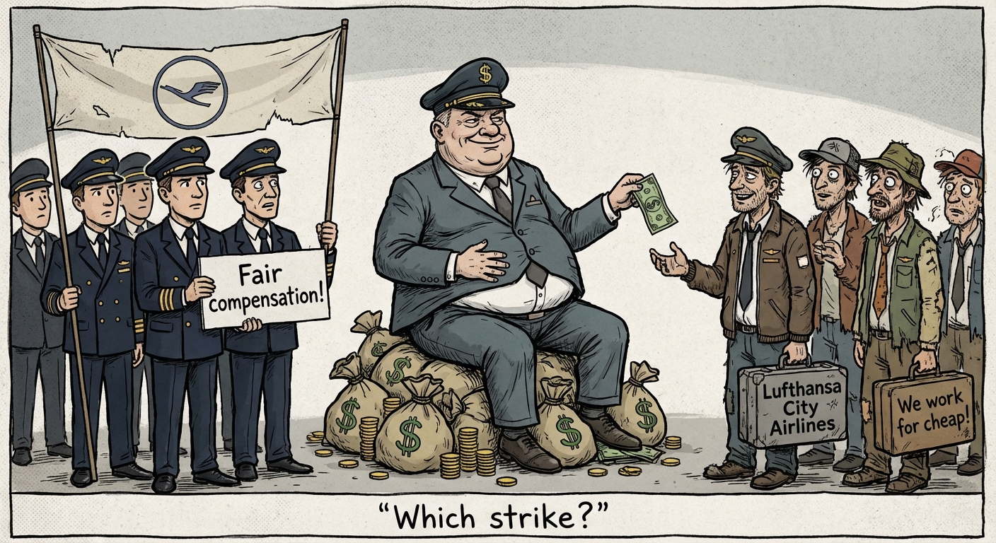 Karikatur, die die Arbeitspraktiken von Fluggesellschaften satirisiert und einen CEO zeigt, der profitiert, während Piloten streiken oder unterbezahlt werden.