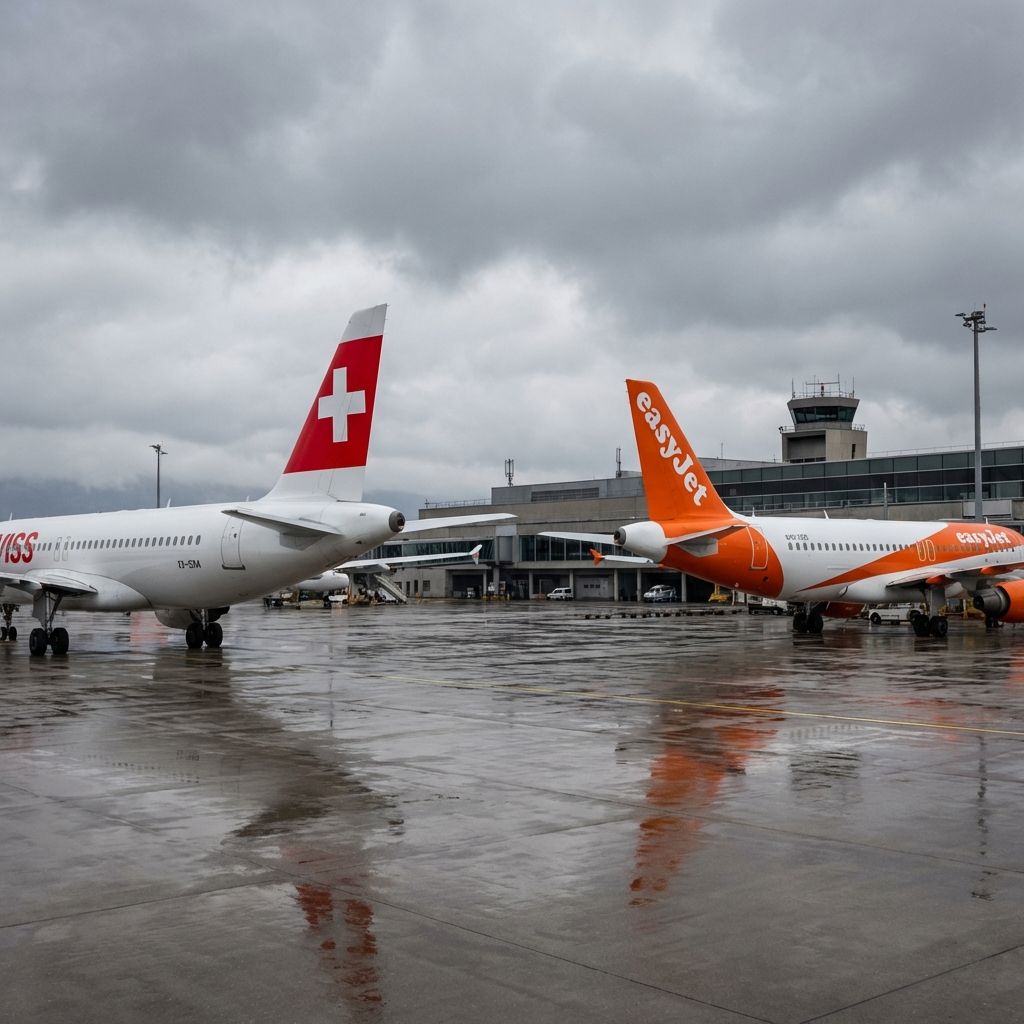 Swiss and EasyJet planes on a wet tarmac at an airport under a cloudy sky.
