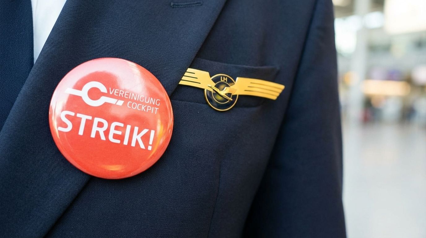 Lufthansa Pilotenuniform mit Streikbutton und Flügel-Anstecker.