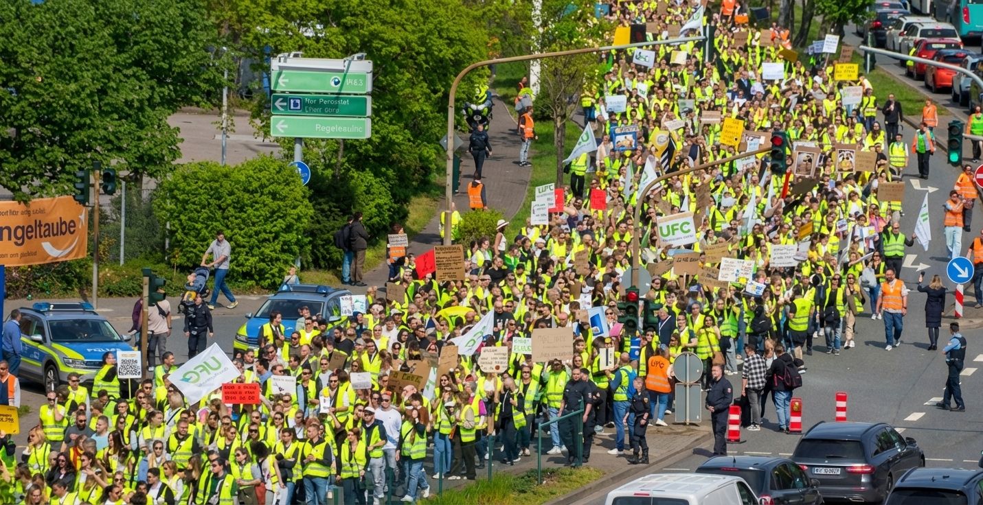 Großer Protestmarsch, bei dem Menschen in gelben Westen die Straße füllen.