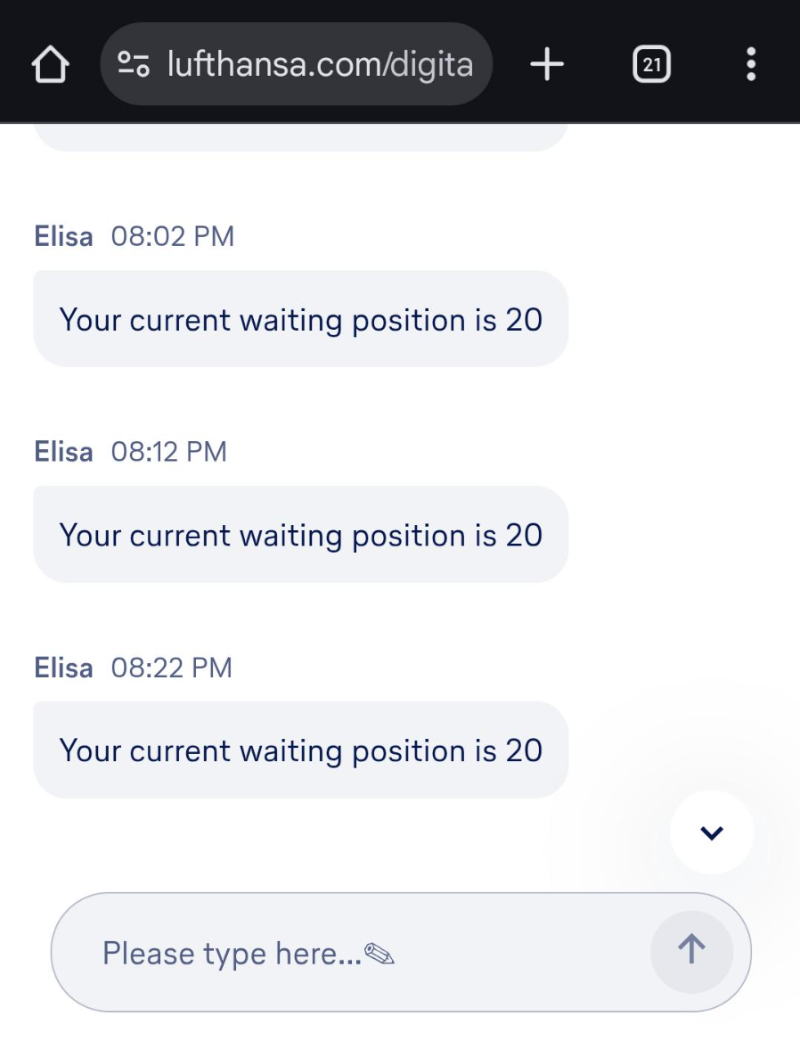 Lufthansa chat support showing a long wait time