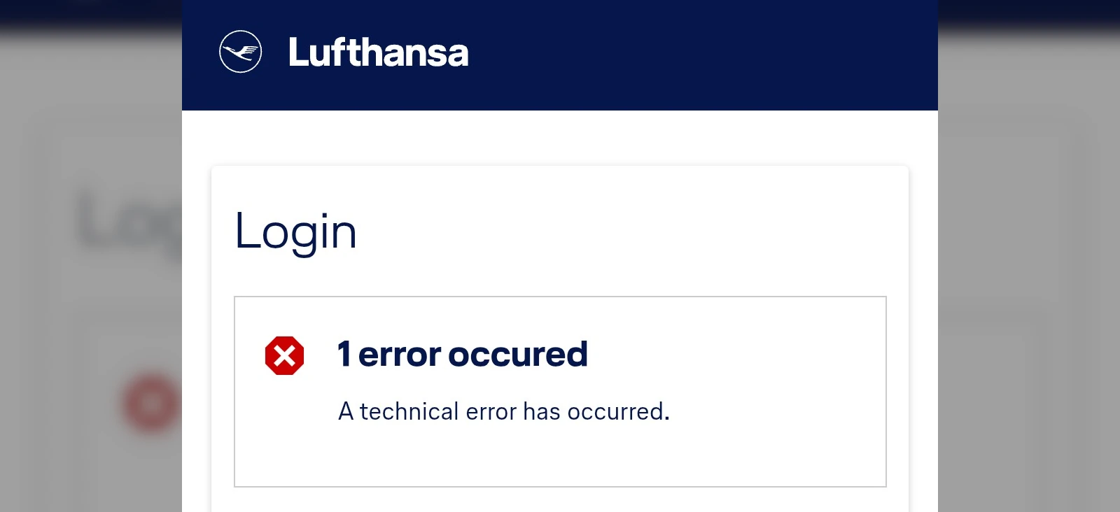 Lufthansa Login-Fehler: "1 Fehler ist aufgetreten. Ein technischer Fehler ist aufgetreten."