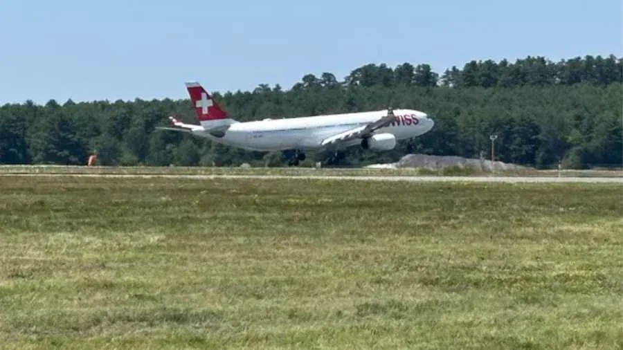 SWISS Airbus A330-300 (HB-JHK) on runway at Bangor International Airport after emergency landing.