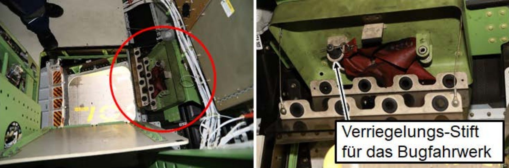 Detaillierte Ansichten des Bugfahrwerk-Verriegelungsstift-Mechanismus im Flugzeug, beschriftet als 'Verriegelungs-Stift für das Bugfahrwerk'.