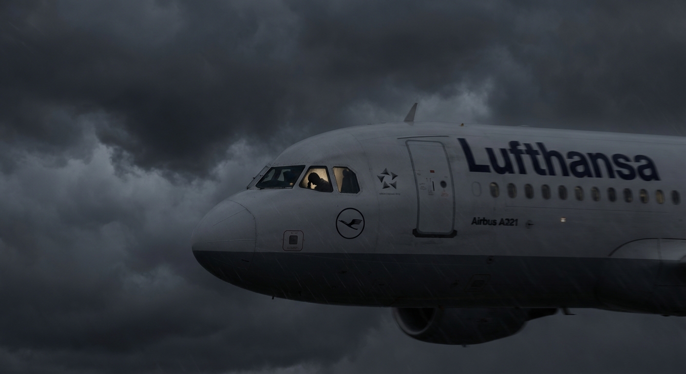Lufthansa A221 in flight against a stormy sky. Pilot seen slumped in the cockpit.