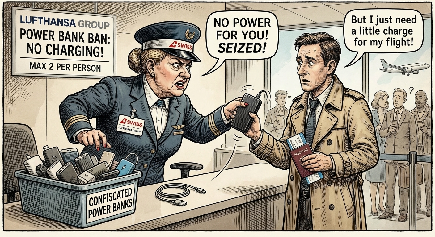 Cartoon-Illustration eines frustrierten Reisenden, dem am Flughafen aufgrund eines Lufthansa-Verbots die Powerbank abgenommen wird.