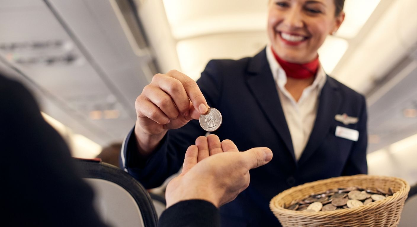 Flight attendant hands a passenger a quarter on an airplane.