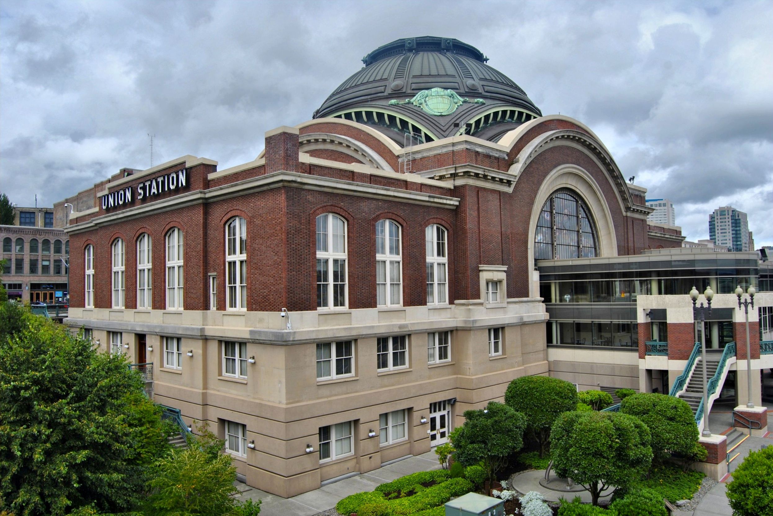 Tacoma's Union Station, home to a U.S. District Court, with its distinctive dome against a cloudy sky.
