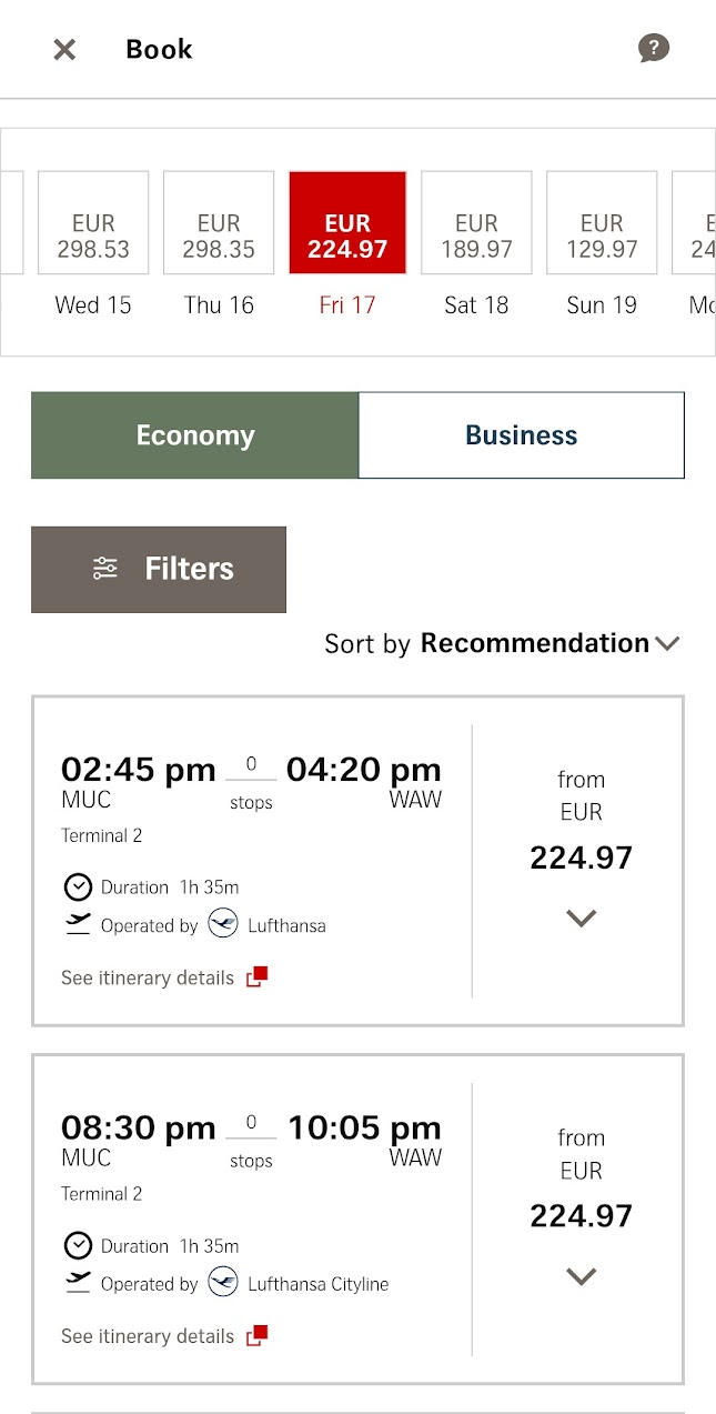 Screenshot einer Flugbuchungsoberfläche, die Optionen und Preise von München nach Warschau anzeigt.