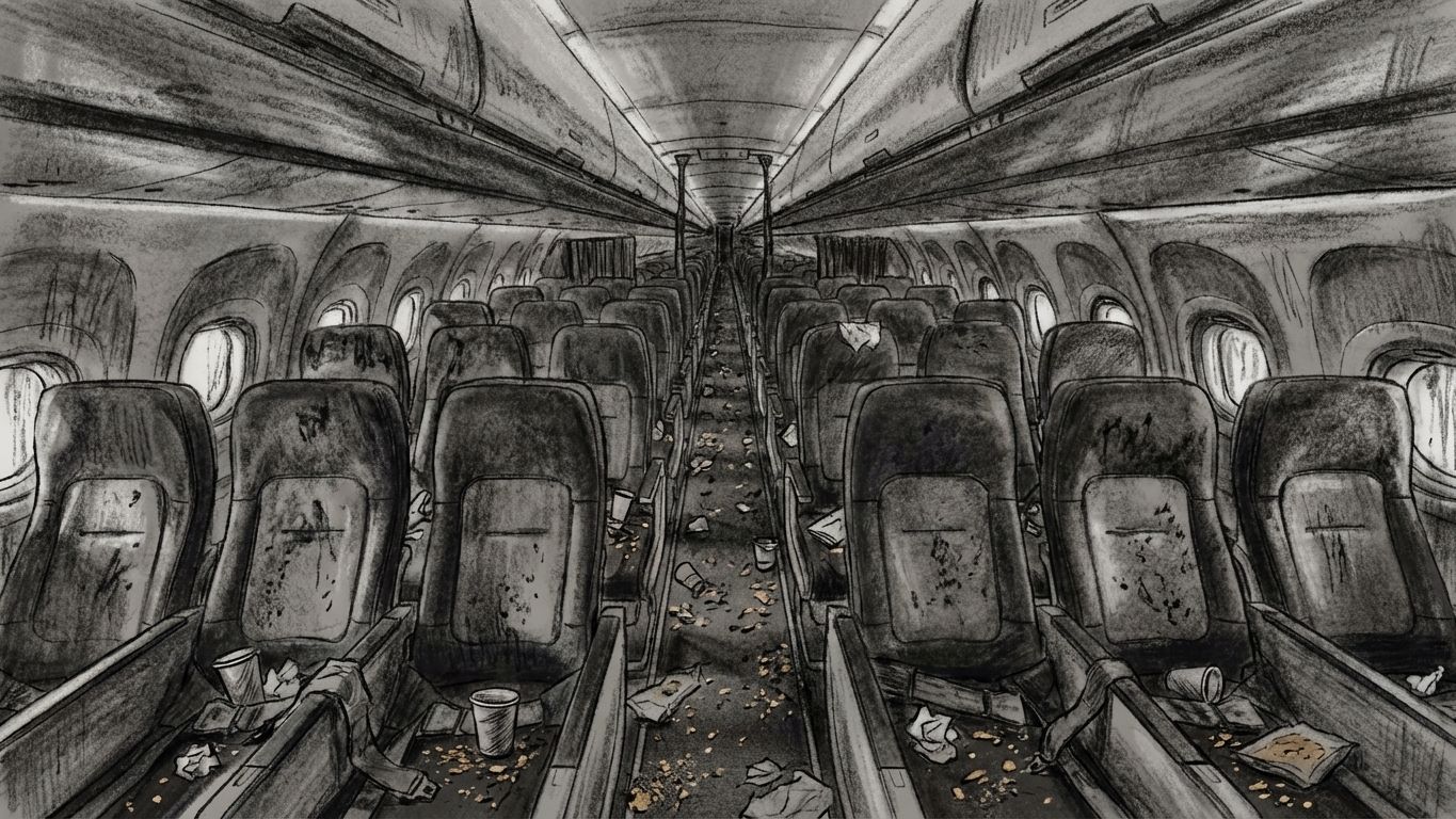 Graustufenzeichnung eines schmutzigen Flugzeuginnenraums mit Müll im Gang und auf den Sitzen.