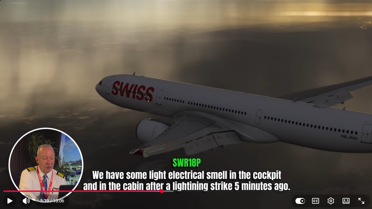 Swiss Flugzeug im Flug nach Blitzeinschlag, Pilot im Inset. Artikel auf Luftscamsa.com.