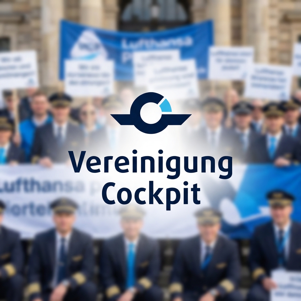 Lufthansa pilots on strike with Vereinigung Cockpit union logo overlay, suggesting labor action.