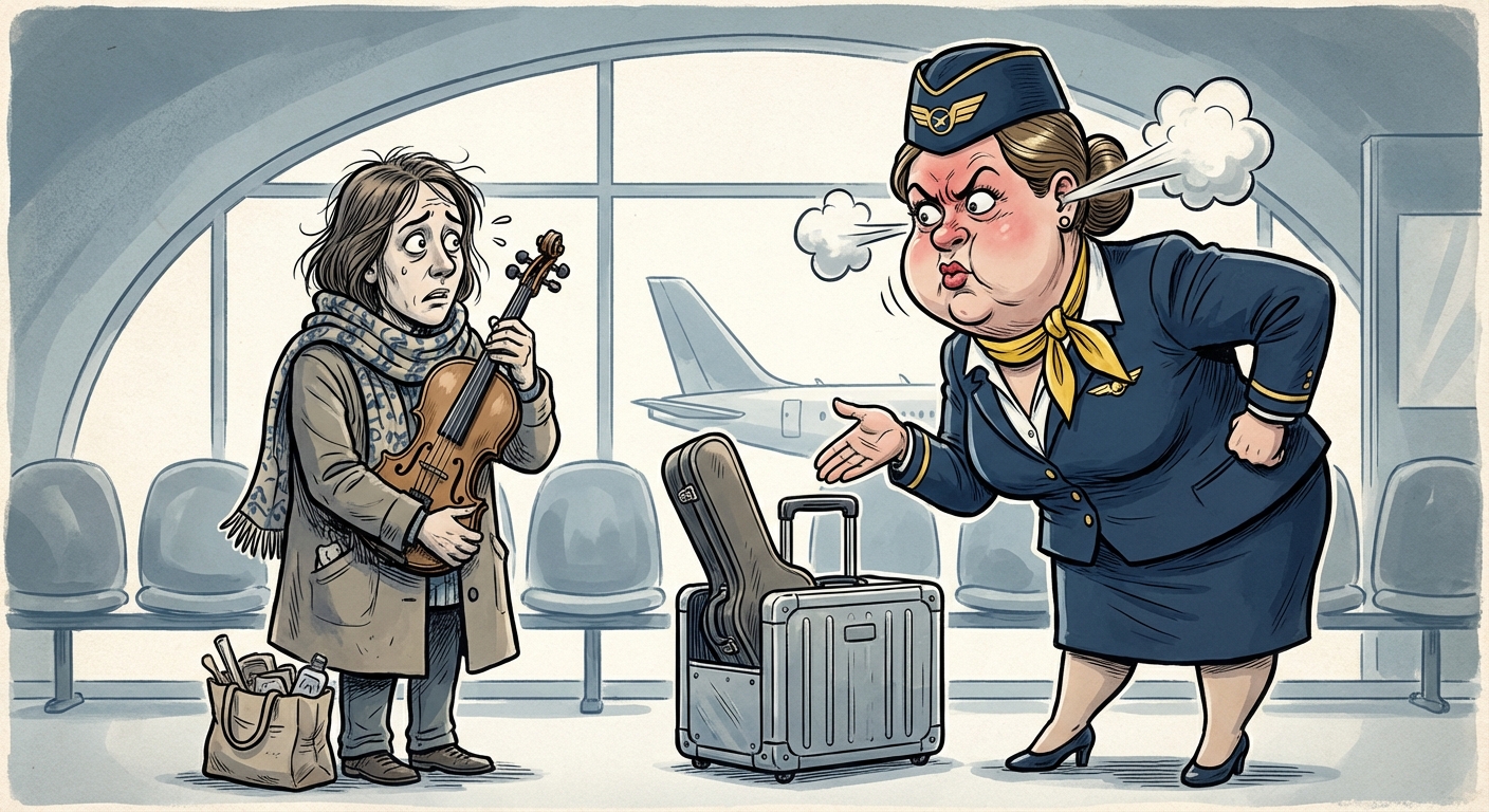 Cartoon einer Flugbegleiterin, die einen Geiger konfrontiert.