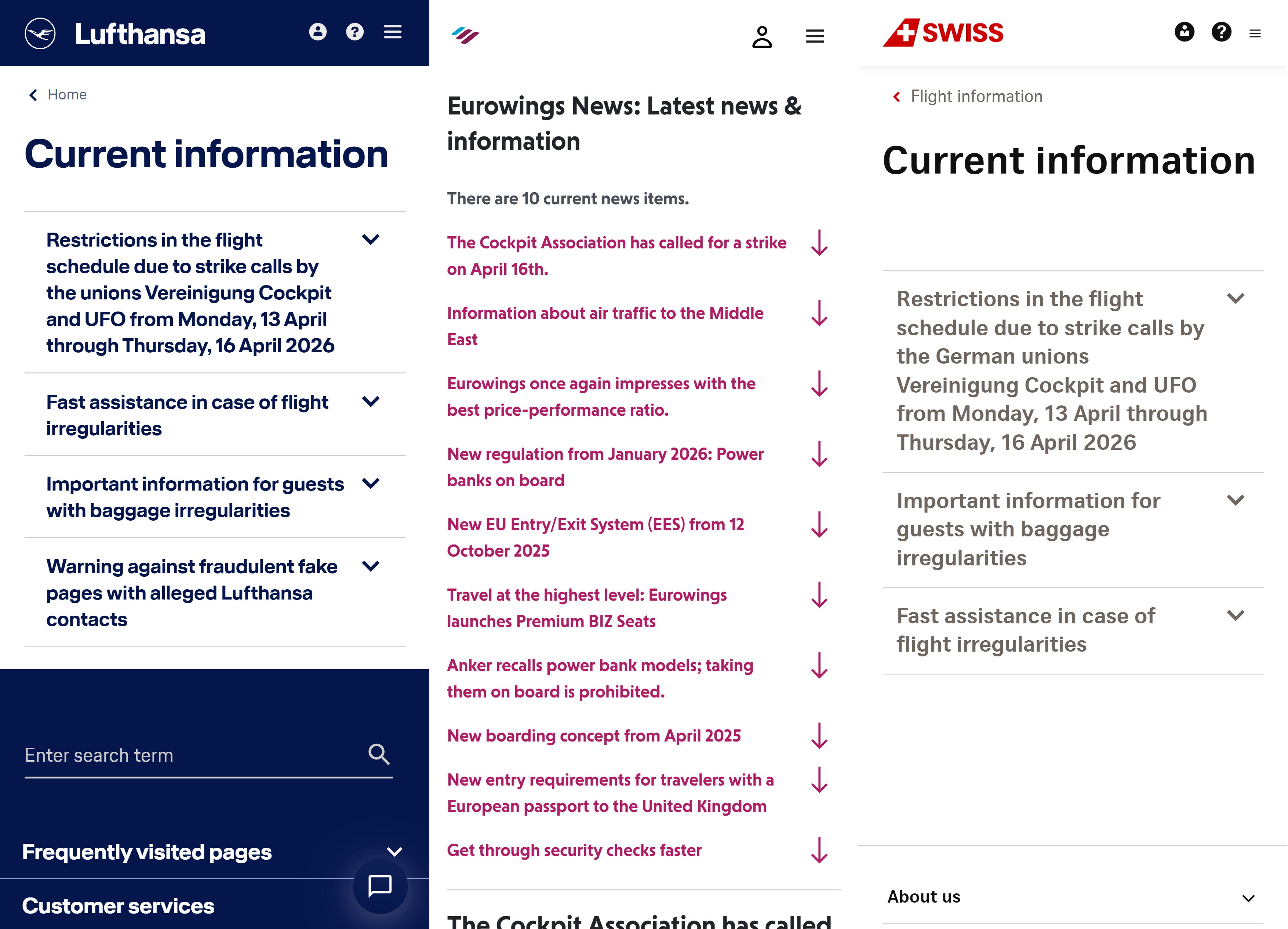 Screenshots der Webseiten von Lufthansa, Eurowings und SWISS mit Fluginformationen und Nachrichten, inklusive Streikupdates.