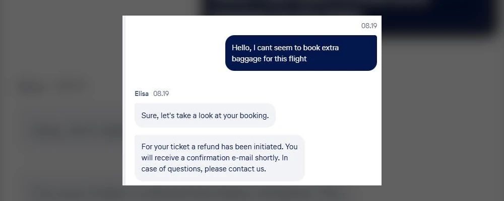 A chat log shows an AI agent named Elisa cancelling a passenger's flight booking after they asked to add extra baggage.
