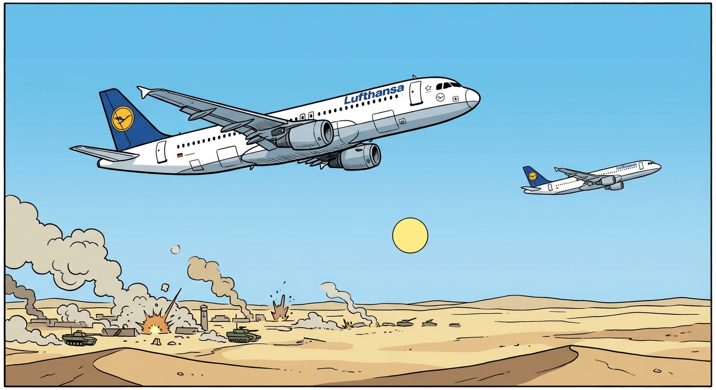 Artwork of Lufthansa planes flying over a desert war zone