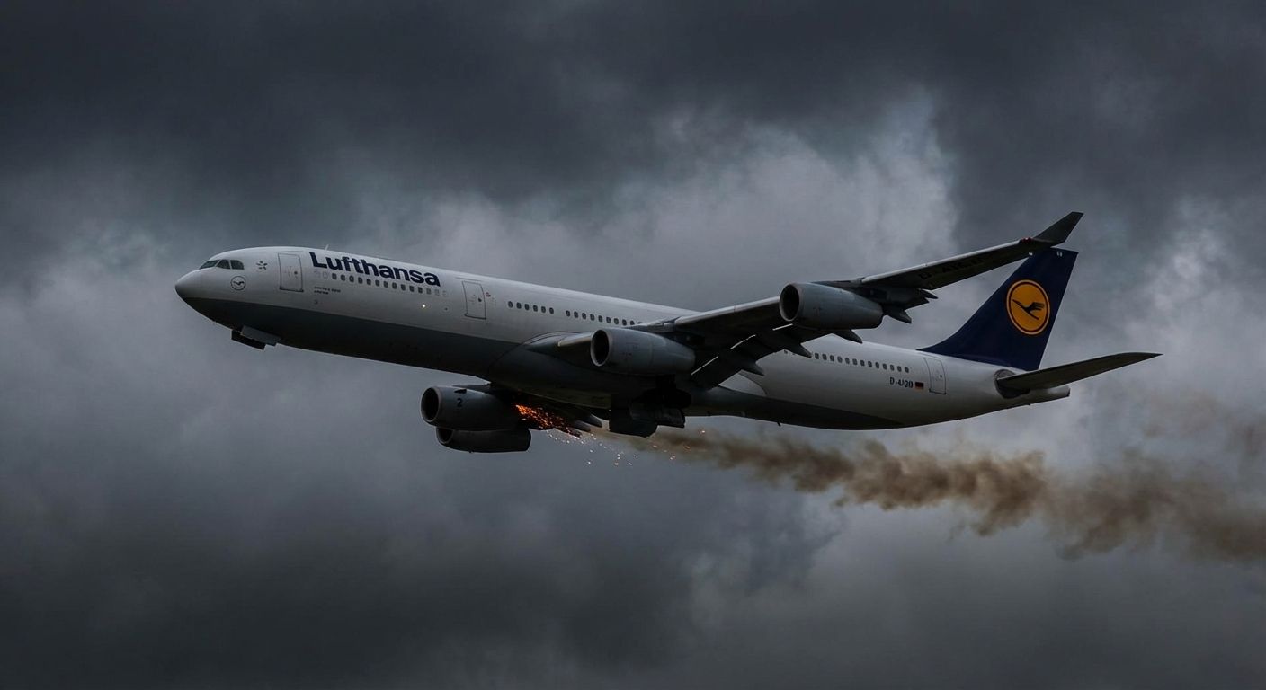 Lufthansa Flugzeug mit Triebwerksausfall, Rauch und Funken vor stürmischem Himmel.
